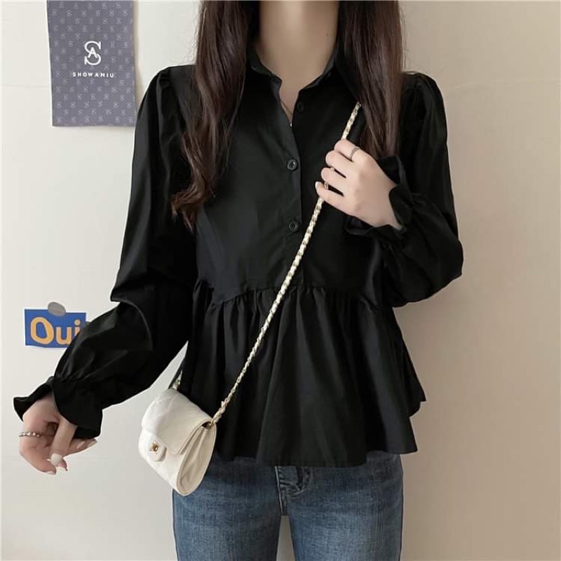 Áo sơ mi dáng babydoll dài tay cổ polo màu đen, trắng