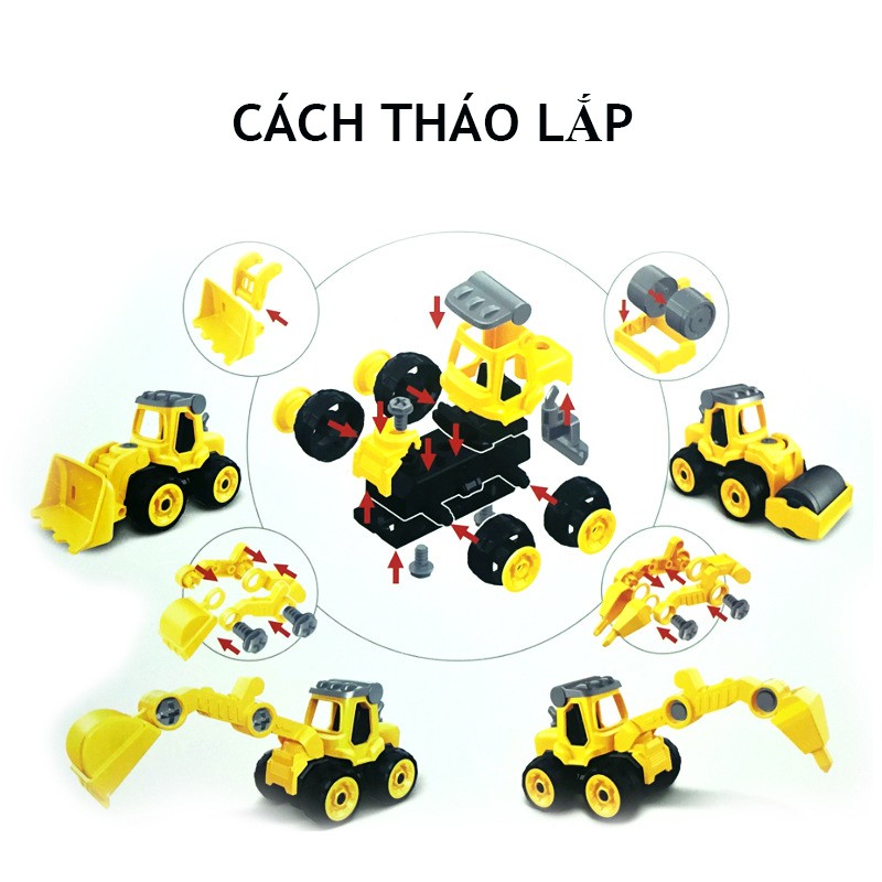 Bộ đồ chơi xe công trường nhiều mẫu, nhiều màu lựa chọn, tháo lắp dễ dàng cho bé