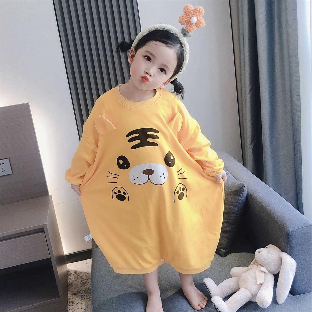 Bộ Đồ Ngủ Liền Thân Tay Dài Che Bụng Chống Đá Thời Trang Xuân Thu Cho Bé Gái