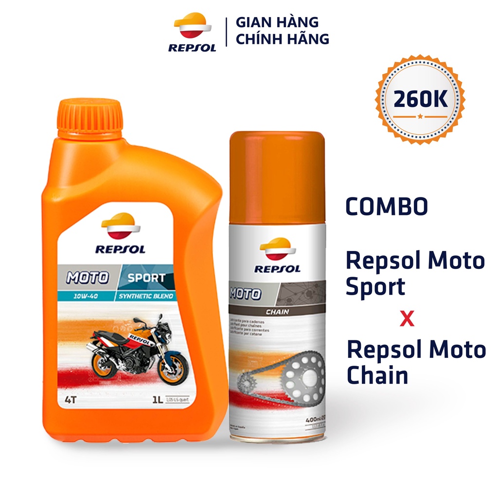 Combo Nhớt Xe Máy Repsol Moto Sport 10w40 1L + Dưỡng Sên Repsol 400ml