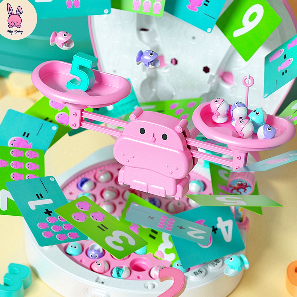 Câu cá điện cho bé 45 con cá, đi kèm 2 cần câu nam châm, 1 cân và bộ phép tính, Tặng kèm 3 pin AA, Mybaby