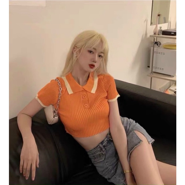 Áo len croptop cổ bẻ viền QC