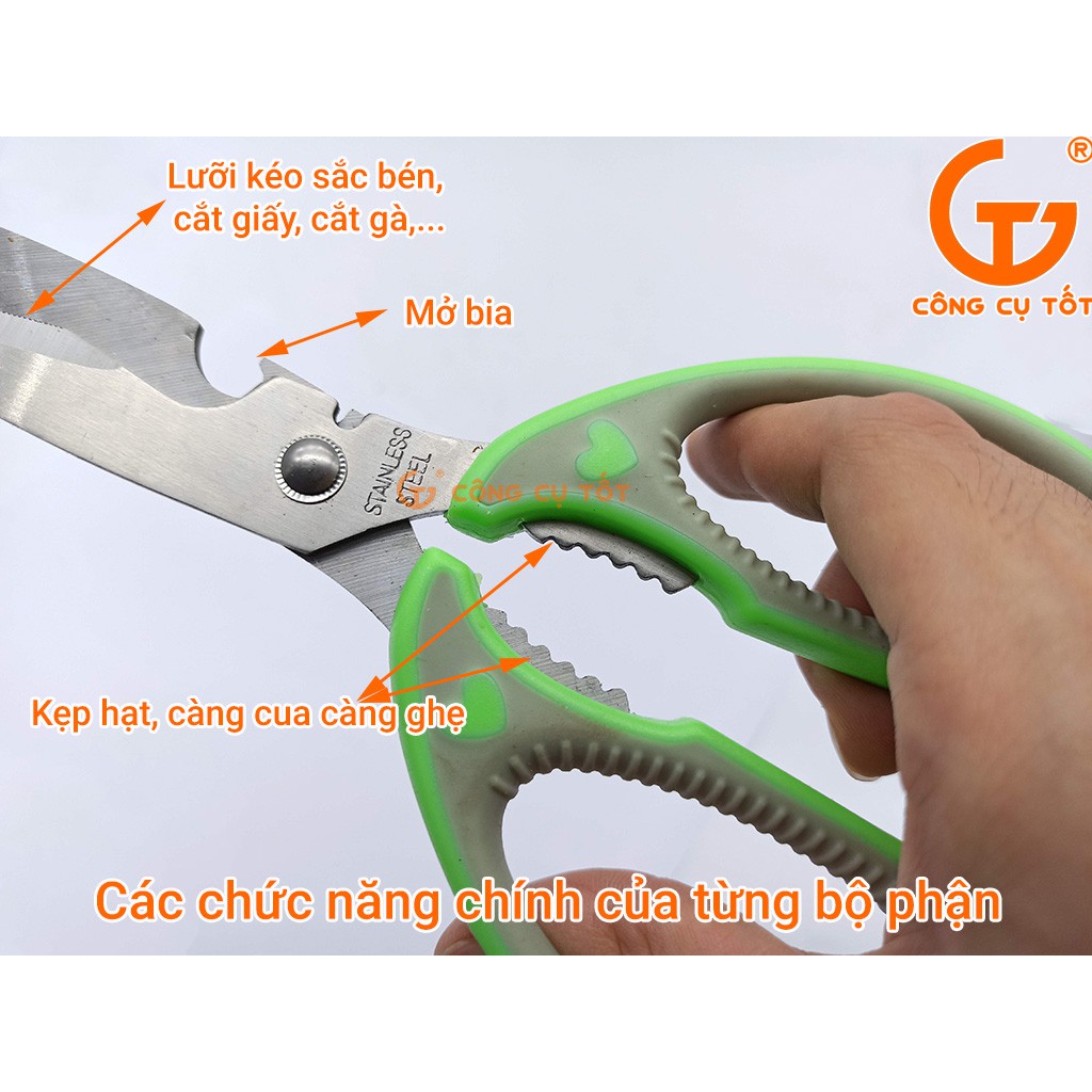 Kéo nhà bếp thép trắng cán xanh 215mm YL9210 chuyên cắt tôm gà, mở bia, kẹp quả, kẹp càng cua ghẹ