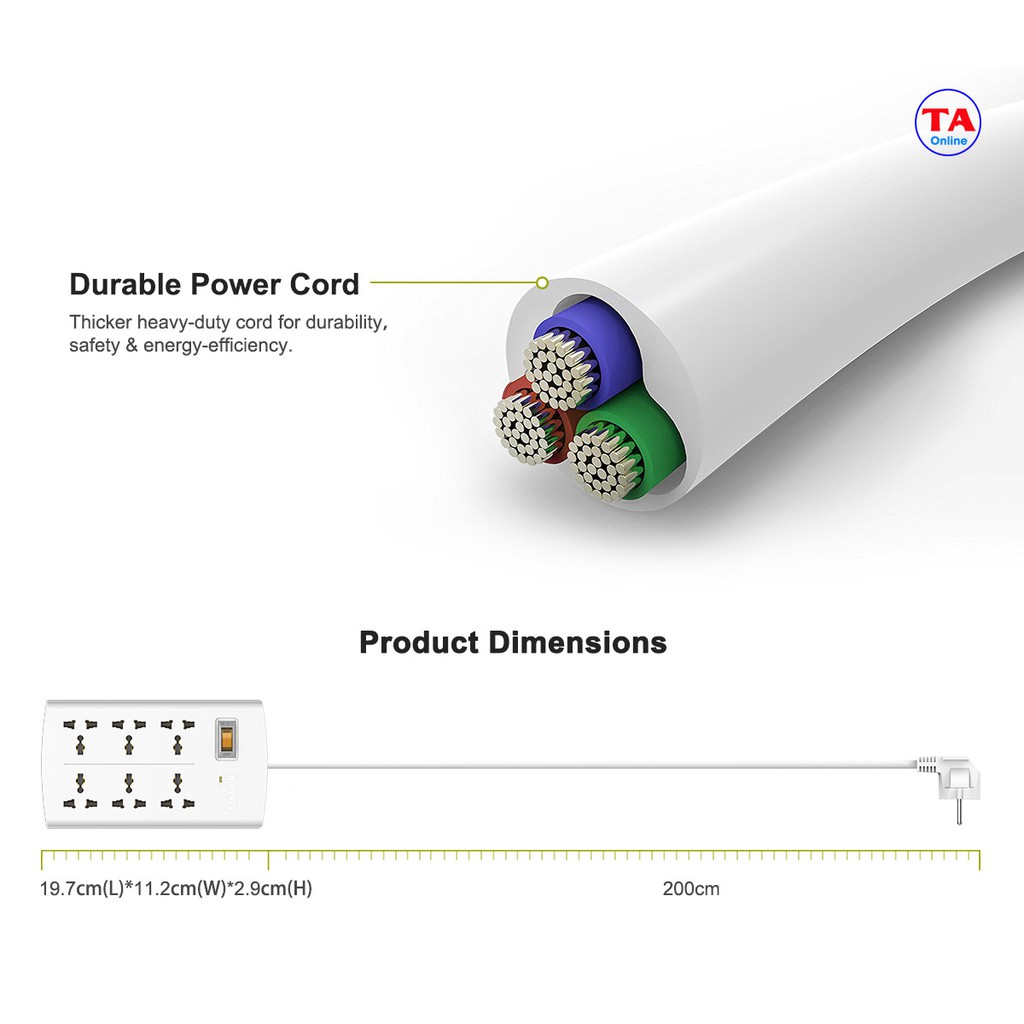 Ổ cắm điện Chống Sét Lan Truyền HuntKey SZM604 - 6 Lỗ gắn chuẩn Quốc tế - Cáp dài 3 mét