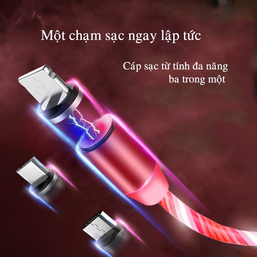 Cáp Sạc Led Từ 3 Đầu Nam Châm Streamer (Combo Gồm 3 Đầu Micro USB/Lightning/Type-C)