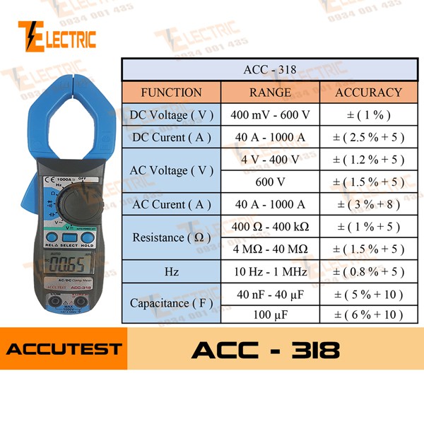 ACC - 318 Ampe Kìm Đo Điện Đo Dòng Điện AC/DC 1000A