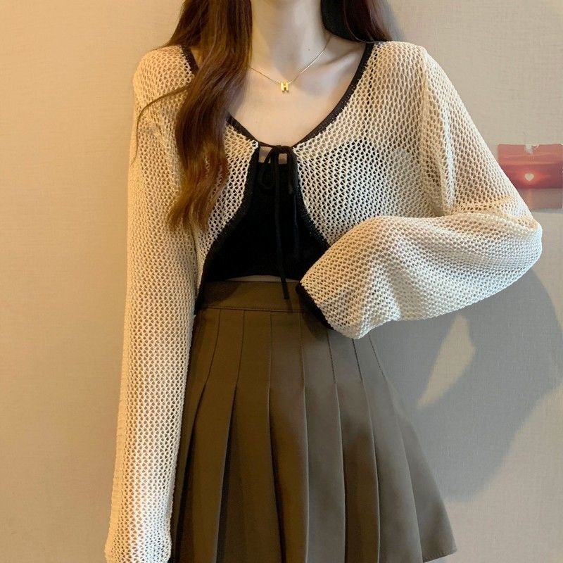 IELGYÁo Dệt Kim Mỏng Cột Dây Màu Sắc Tương Phản Phong Cách Hàn Quốc Thời Trang Mùa Hè Cho Nữ