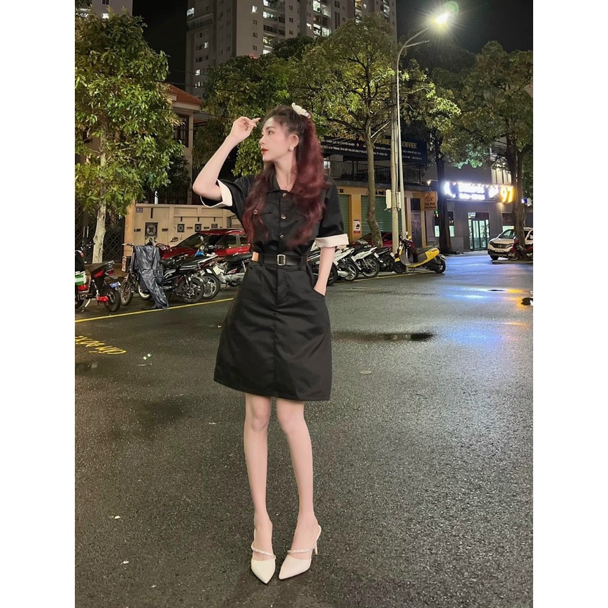 Váy đầm nữ sơ mi phối túi kèm đai da trẻ trung thanh lịch