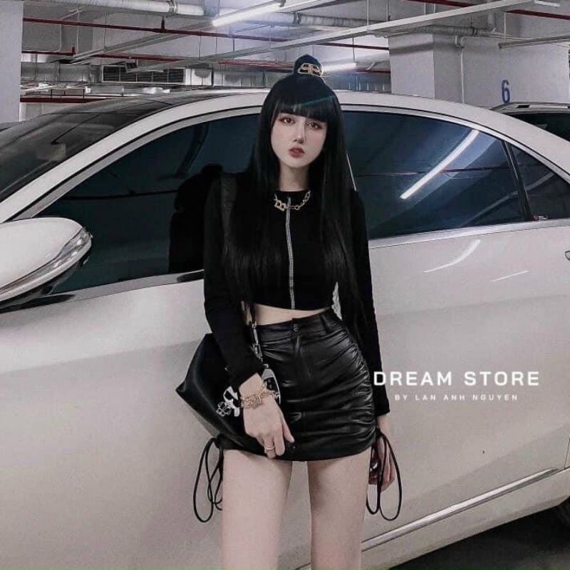 Chân váy da rút dây 2 bên có may kèm quần