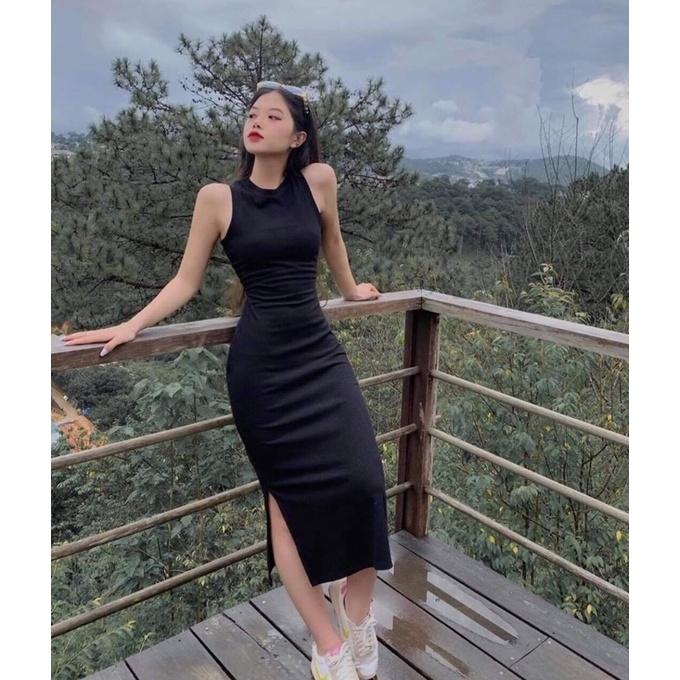 Đầm body sát nách 2 màu đen, cam vải thun gân tôn dáng khoe body sexy Sun Fashion