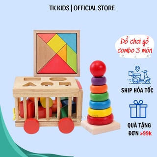 Đồ chơi gỗ 3 món tháp gỗ trí uẩn thả hình xe cũi giúp bé tư duy trí tuệ hàng Vivitoys