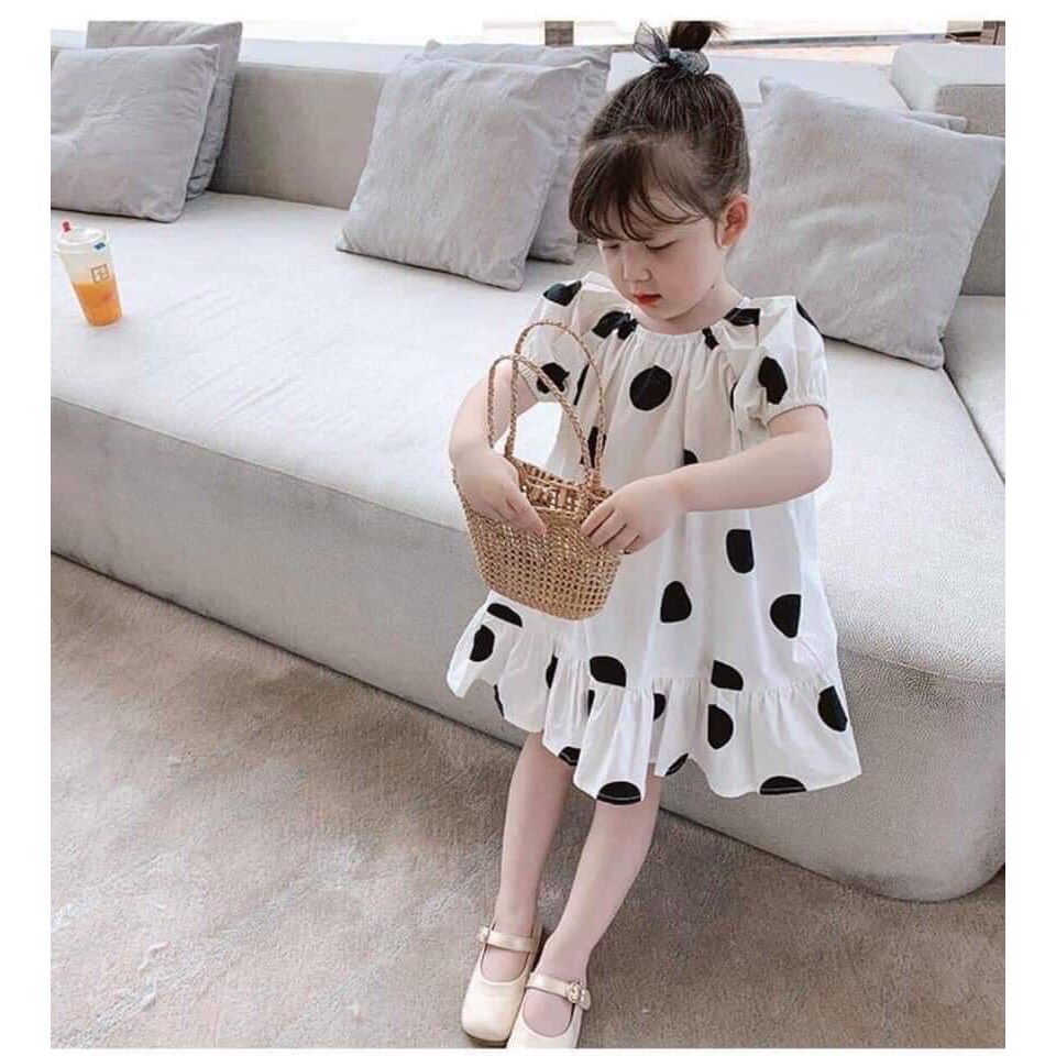 Váy bé gái chữ a tay bồng chấm bi đen trắng có nơ lưng xinh điệu đà cho bé yêu đi biển đi chơi