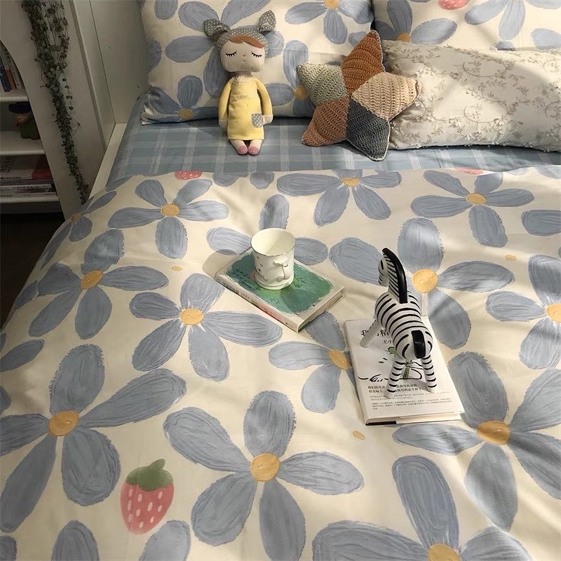 Set Bộ Vỏ Cotton Living Hoa Xanh 5 Cánh, Chất Cotton Thoáng Mát, Thấm Hút Tốt_shinbedding