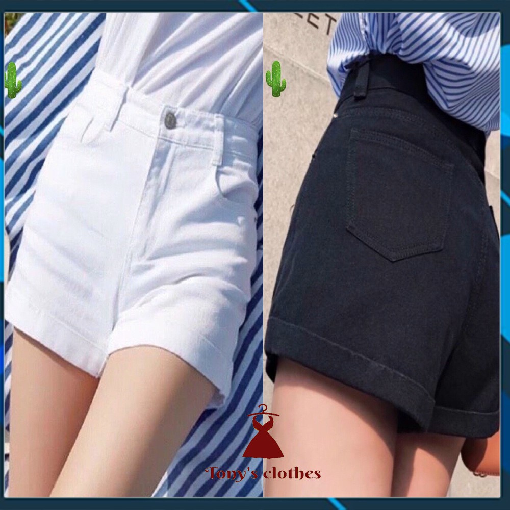 Quần short trắng đen nữ vải kaki jean co giãn lưng cao hàn quốc lật gấu cạp cao