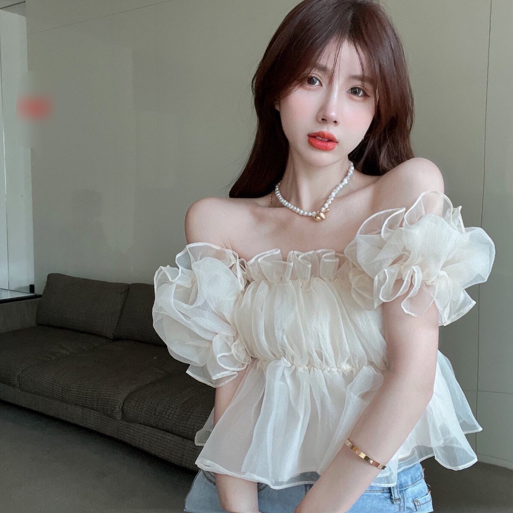 Áo crotop trễ vai bánh bèo tiểu thư, áo trắng trần trễ vai điệu đà