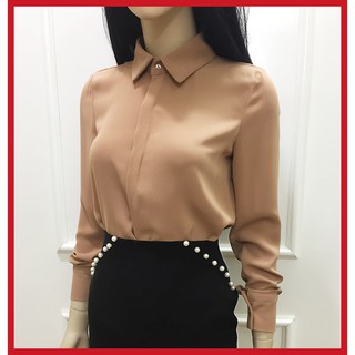 Áo sơ mi nữ đẹp💖Freeship💖Có Clip - Áo công sở màu be dài tay cổ đức vải đẹp