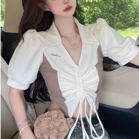 Áo croptop cổ V sơ mi tay ngắn RÚT DÂY PHỐI MÀU GB thun gân co giãn nữ - Thiên Yết