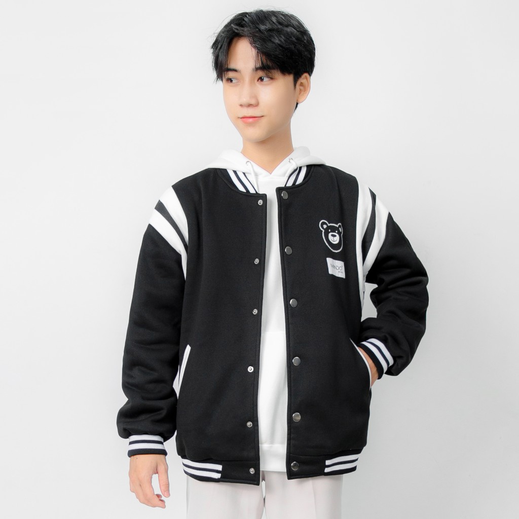 Áo Khoác Bomber Varsity Nỉ Gấu Nam MANDO, Áo Thể Thao Nỉ Bông Cao Cấp Dáng Rộng Basic Varsity Thời Trang Hàn Quốc NDN082