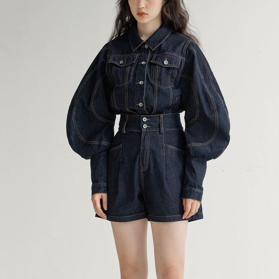 Set áo khoác denim tay loe + quần short lưng cao ống rộng thời trang cho nữ