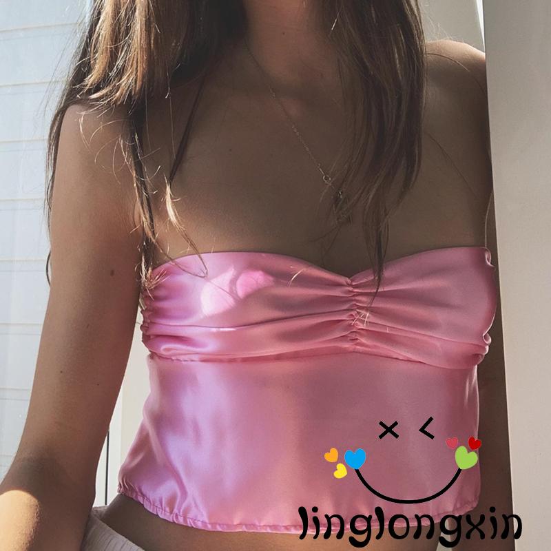 Linglongxi2-hirigin Summer Sleeveless Tube Tops Sexy Women Satin Halter Tank Y2K Backless Bandage Camis Female Fashion Club Party Tank