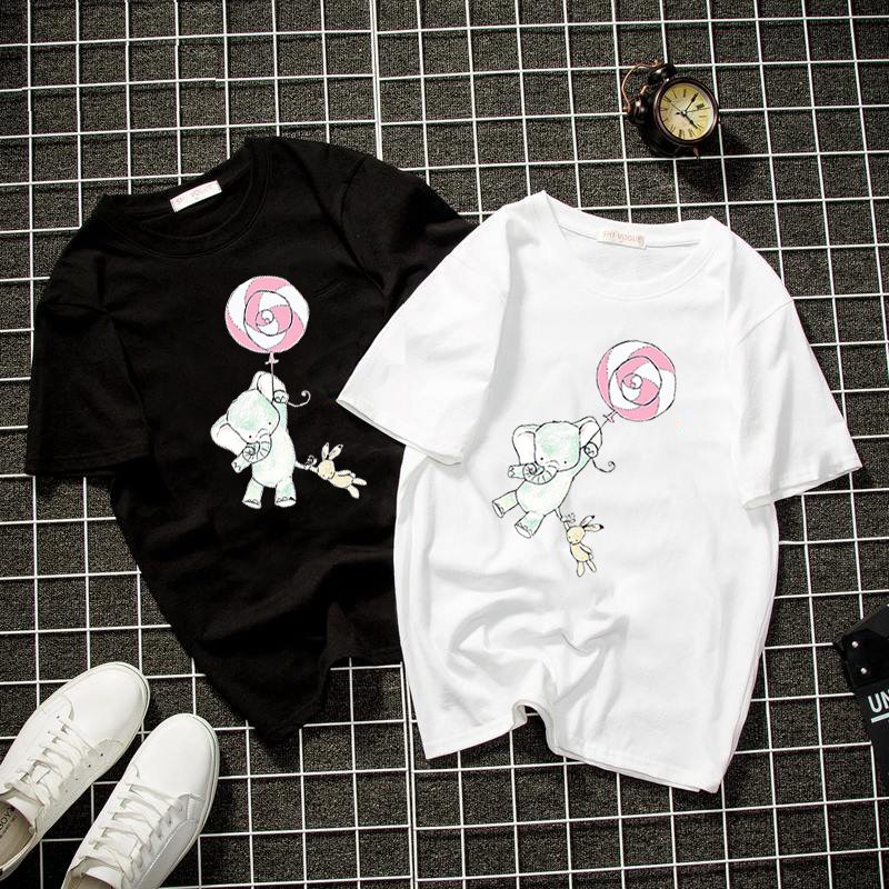 Áo thun Unisex form rộng voi và thỏ dễ thương Hàn Quốc vải dày mịn 2019T1541