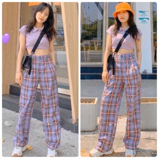 SET ÁO CROP TÍM QUẦN CARO ỐNG RỘNG