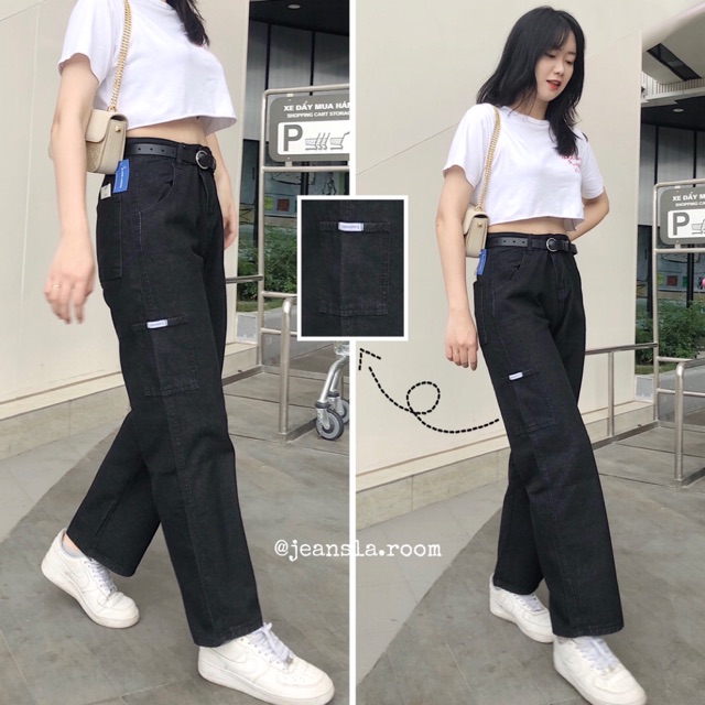 ⚡FREESHIP⚡ Quần Culottes Jeans JEANSLA Đen Cạp cao form suông ống rộng Túi hộp vuông gối phải Basic Thời thượng [#QJL24]