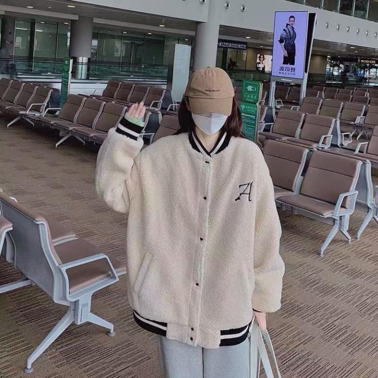 Áo khoác Bomber lông thêu lô lô chữ A Hs