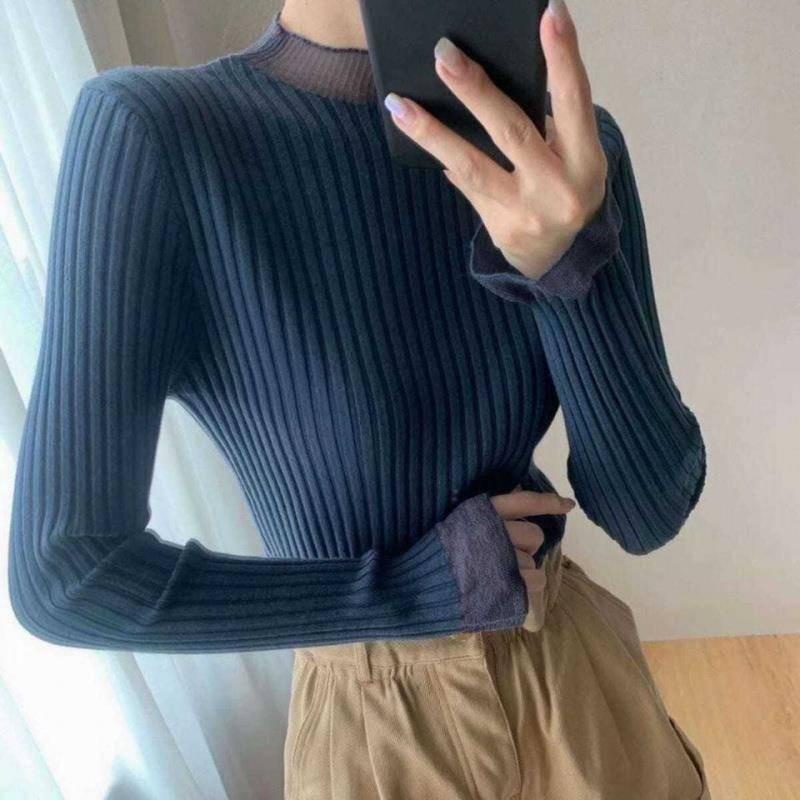 Áo sweater cổ lọ tay loe phối lưới thời trang thu đông sành điệu cho nữ