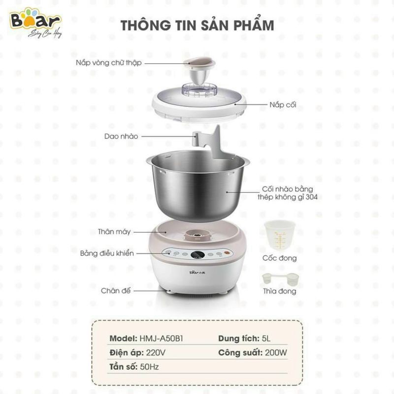 [Mã ELHA22 giảm 5% đơn 300K] Máy nhồi bột, nhào bột đa năng Bear dung tích 5 lít chính hãng