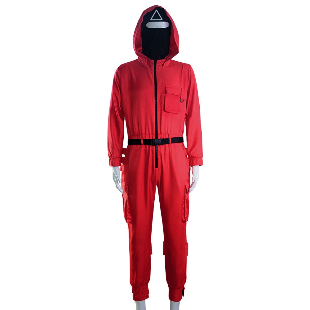 Bộ áo liền quần có mũ trùm với thắt lưng và găng tay kiểu Squid Game cosplay dịp Halloween