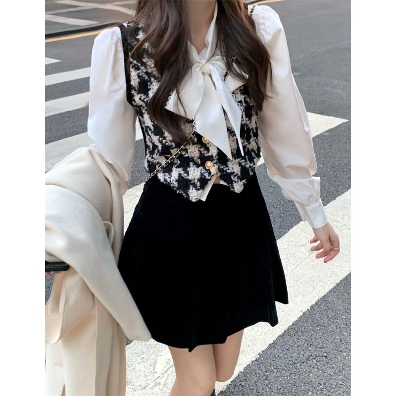 Set đồ gồm chân váy áo và áo khoác cardigan thời trang cao cấp cho nữ