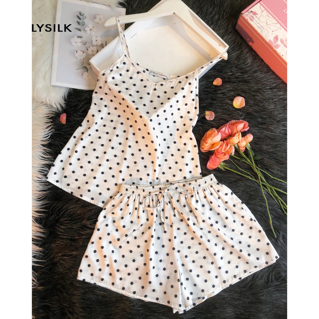 Bộ đồ ngủ nữ Pyjama Lụa hai dây thiết kế cao cấp LYSILK - BN116 - Áo hai dây quần đùi họa tiết chấm bi