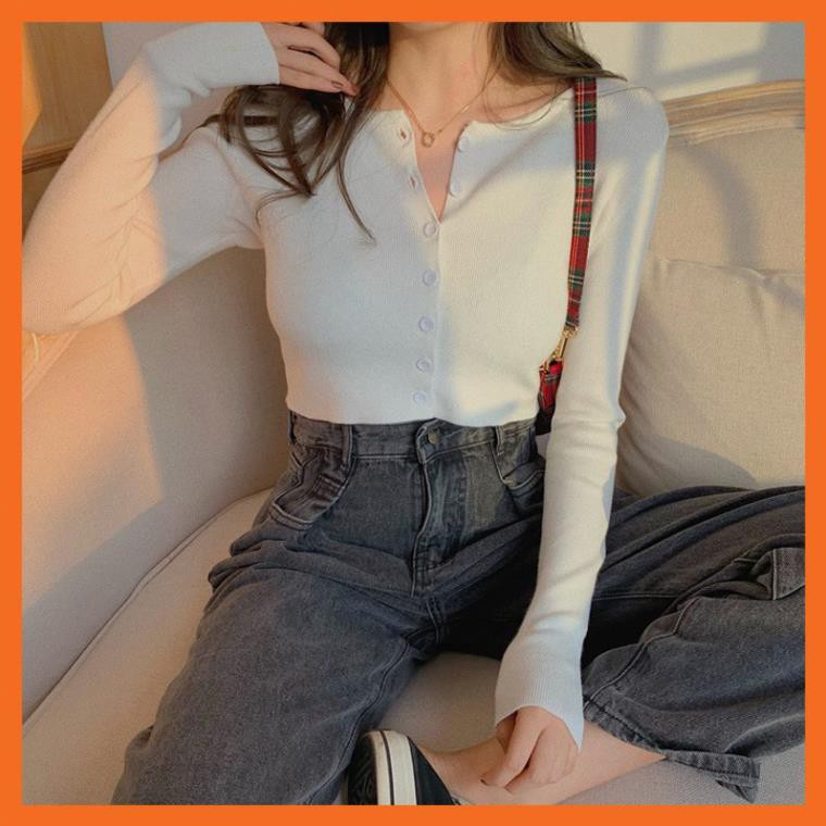 Áo thun Croptop ôm body Tay Dài nữ khuy cúc phong cách Ulzzang,Áo khoác nhẹ kiểu dáng croptop cá tính