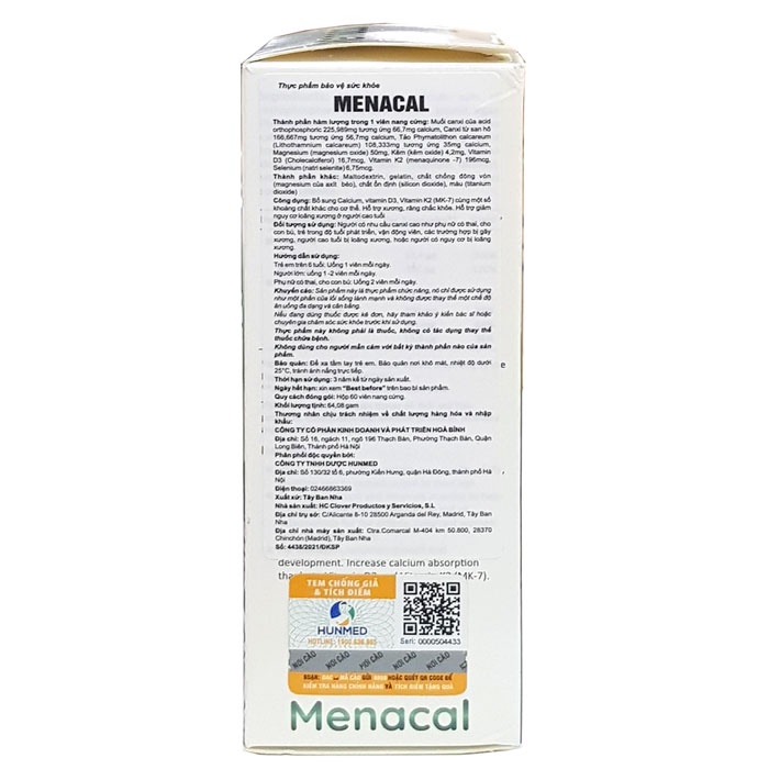 MENACAL - Viên uống bổ sung Canxi D3 K2 tự nhiên cho bà bầu (hộp 60 viên) xuất xứ Tây Ban Nha