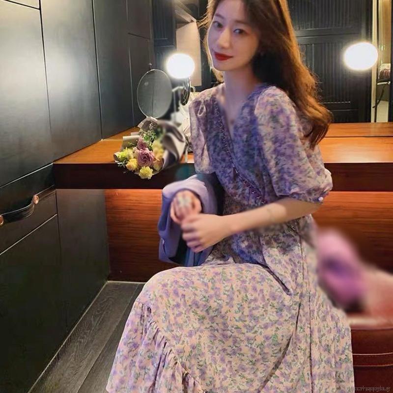 Đầm maxi tay ngắn hoạ tiết hoa thiết kế cổ chữ V thời trang nữ tính
