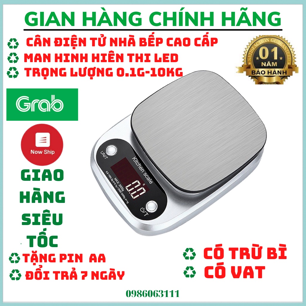 Cân tiểu ly điện tử nhà bếp mini định lượng 1g - 10kg, Cân tiểu ly làm bánh độ chính xác cao kèm 2 viên pin AAA
