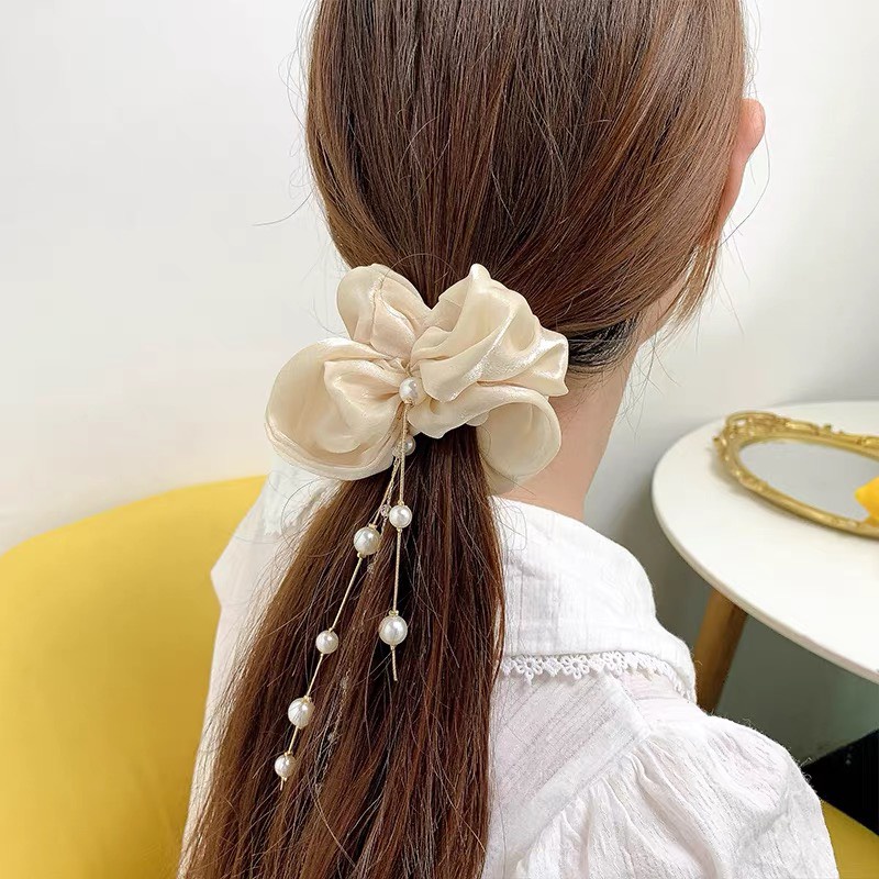 Cột tóc vải scrunchies đính dây ngọc hàn quốc dây buộc tóc scrunchies nhiều màu