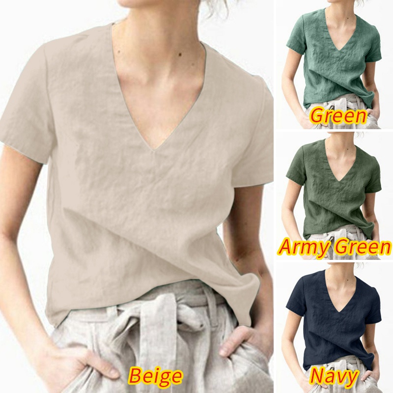 Áo kiểu ZANZEA tay ngắn cổ chữ V dáng rộng màu trơn dành cho nữ