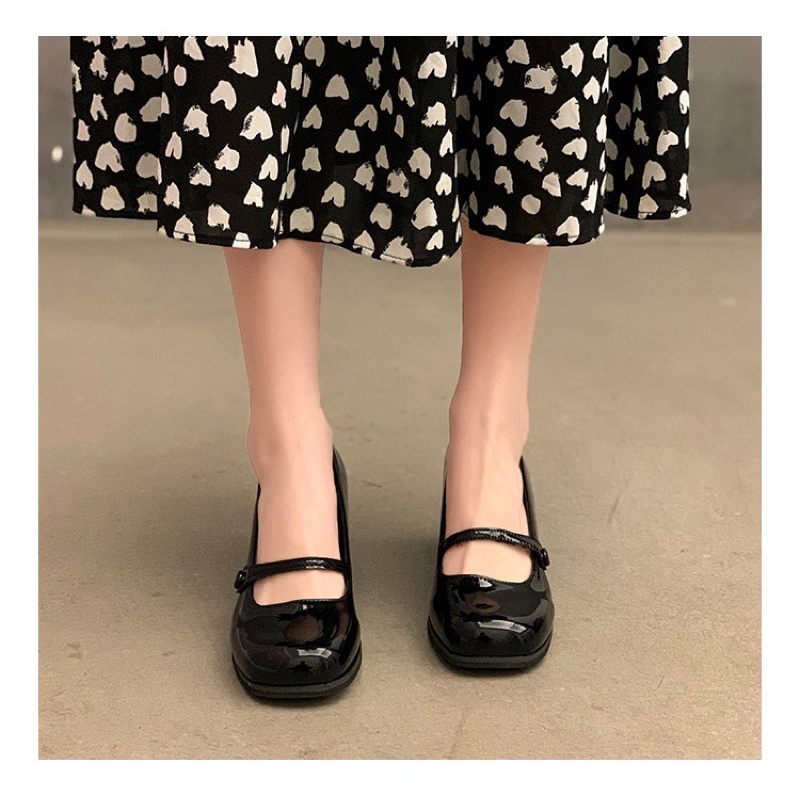 Giày búp bê mũi vuông da bóng gót cao 7cm