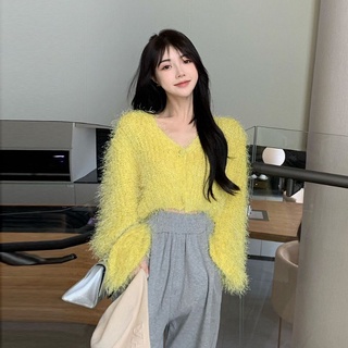 Áo len lông tua rua cổ V, áo len nữ dễ thương