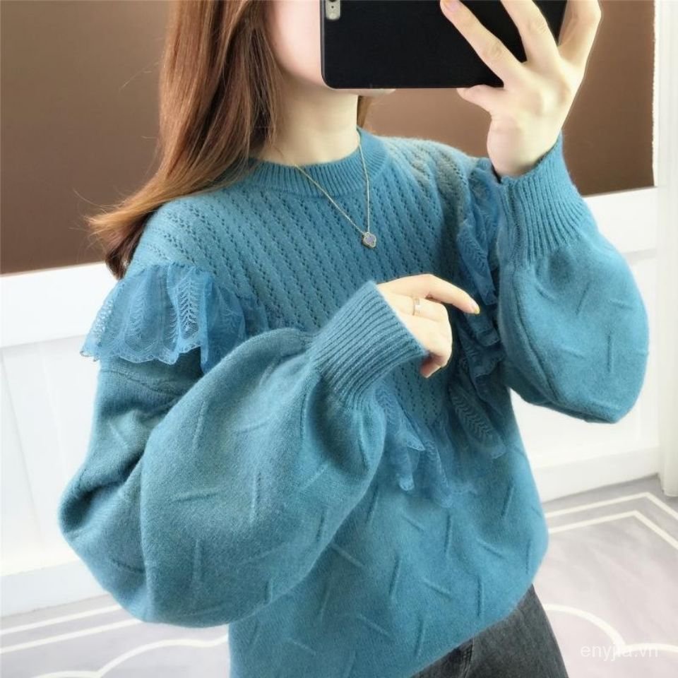 Áo sweater dệt kim chui đầu dáng rộng phối ren kiểu Hàn Quốc thời trang xuân thu 2020 mới cho học sinh