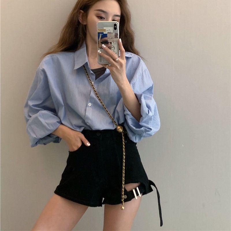 Jiashucheng Quần Short Denim Chữ a Lưng Cao Ống Rộng Rách Gối Phong Cách Mới Mùa Hè Cho Nữ