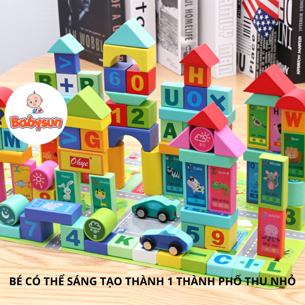 Xếp hình gỗ 100 chi tiết tặng kèm 2 xe con, đồ chơi ghép hình lego phát triển trí tuệ cho bé