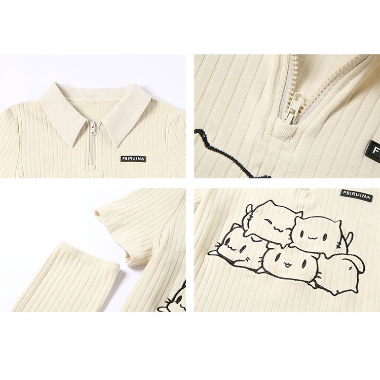 Áo thun nữ ngắn hở rốn cổ POLO in màu kem retro dễ thương nữ tính thiết kế niche