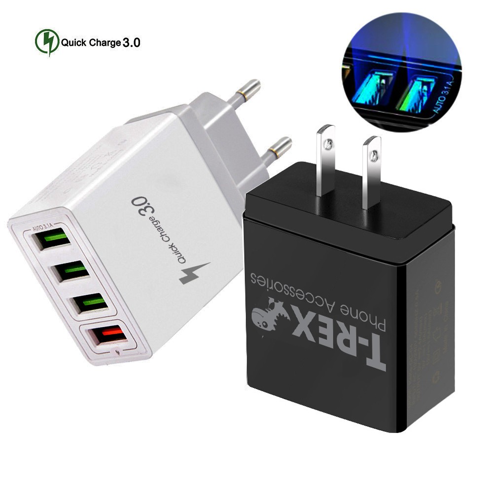 Củ Sạc Nhanh LED T-Rex Đa Năng Quick Charge 3.0 (4Đầu USB) Dùng Cho Thiết Bị Iphone/ Samsung/ Android