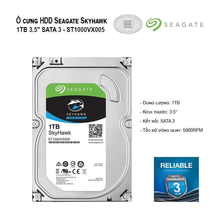 SEAGATE SkyHawk™ ST1000VX005 Dung lượng 1TB 3.5&quot;&quot; - 6Gb/s, 64MB cache, 5900rpm (Bảo hành 36T)