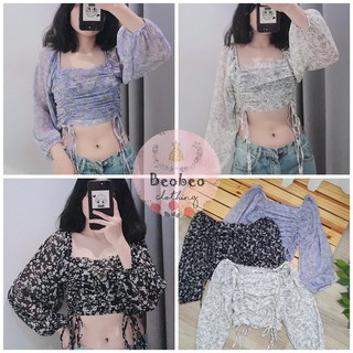 [Ảnh thật] Áo croptop voan hoa nhí rút dây tay phồng ulzzang