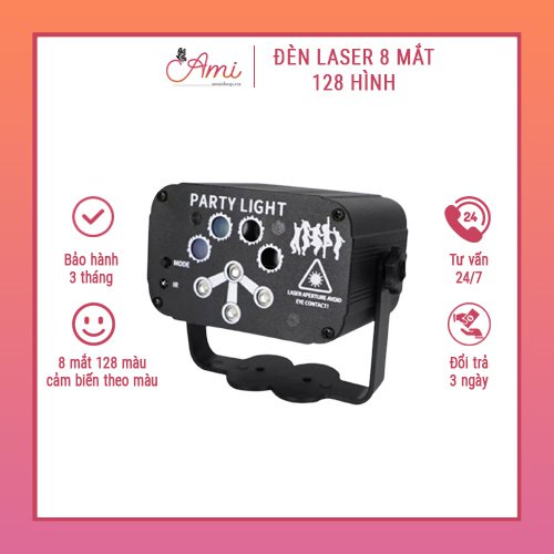 Đèn laser 8 mắt 128 hình, đèn phòng bay chiếu ánh sáng laser có điều khiển từ xa, cảm biến theo nhạc