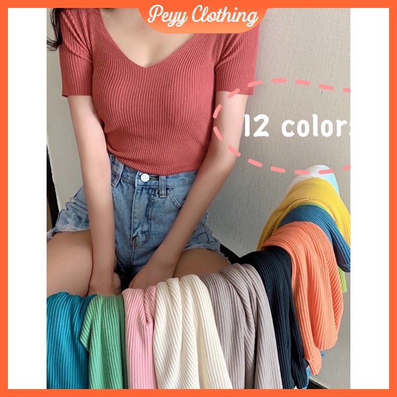 Áo cổ tim ôm body chất len tăm tay ngắn nhiều màu ulzzang Hàn Quốc A04 - Peyy Clothing